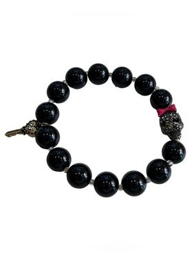 Betsey Johnson Black Beaded Bracelet with Skull Charm and Pink Bow